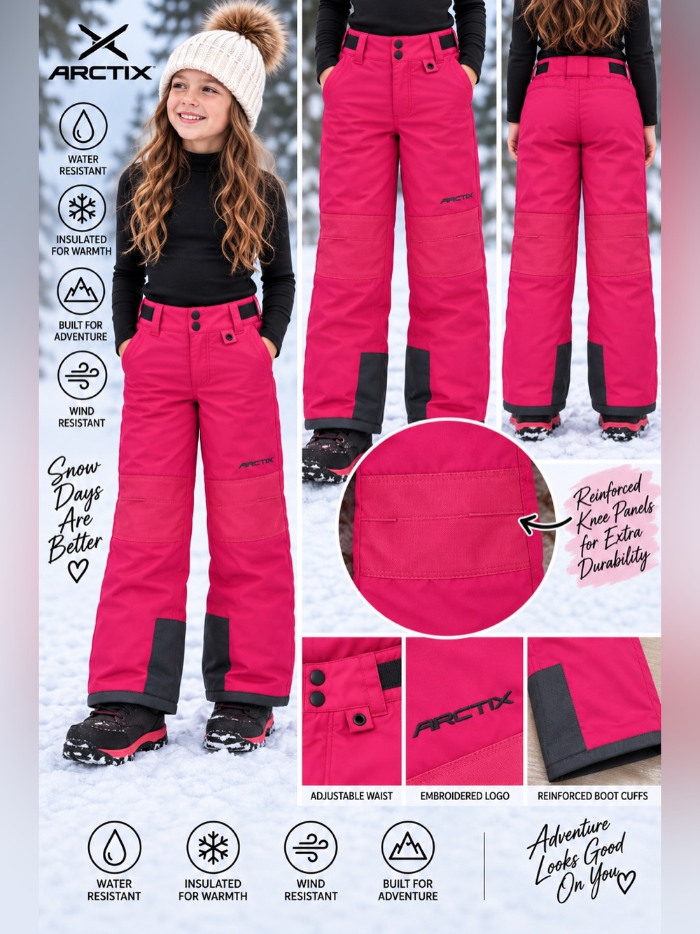 Arctix Girls' Snow Pants in Bright Pink with Charcoal Accents